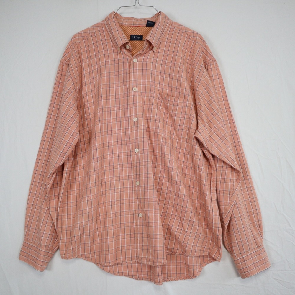 IZOD Shirt Mens Large Business Casual Pocket Button Up Orange Plaid Long Sleeve